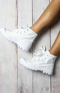 Palladium Pampa Hi Boot - White/White from pepeprmayo.com Palladium Boots Outfit, Wedge Sneakers Outfit, Palladium Shoes, Summer Boots, Shoes Sneakers Jordans, Boating Outfit, Women Shoes Online, Gym Shoes