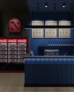 the interior of a soda machine shop with blue walls and wooden flooring, lighted by recessed lights