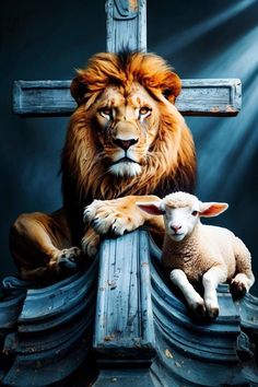 a lion and lamb sitting on top of a cross