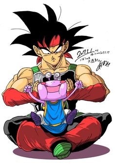 a drawing of gohan sitting on the ground with his hands in his pockets and holding a