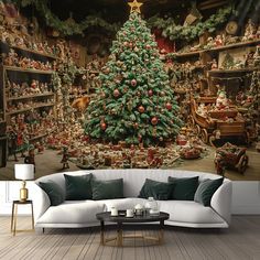 a living room with a christmas tree in the corner and other decorations on the wall