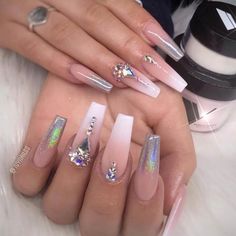 Nude Ombre Nails, Nail Art Pastel, Nails Design With Rhinestones, Diamond Nails, Coffin Nails Designs, Bling Nails, Pretty Acrylic Nails, My Nails, Dope Nails