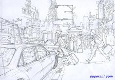 this is a drawing of people walking down the street in new york city with their luggage