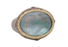 Stare into this ring and you will see iridescence from the Mother of Pearl and fire from the Peruvian Opal. Simply Mother Natures most dreamy color SIZE 6.5 IN-STOCK AND READY TO SHIP! Please allow 4-6 weeks for all other sizes to be custom made and shipped 18 Karat Yellow Gold with Peruvian Opal, White Mother of Pearl and faceted white quartz surrounded by Champaigne Diamonds Sterling Silver pointed setting with Old world finish. Made by Armenta in the USA 19405 Opal Statement Ring, Peruvian Opal, Opal White, Oval Ring, Oval Rings, Oval Cut Diamond, Champagne Diamond, White Quartz, East West