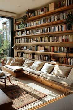 a living room filled with lots of furniture and bookshelves next to a window