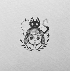 a drawing of a girl with a cat on her head and stars above her head