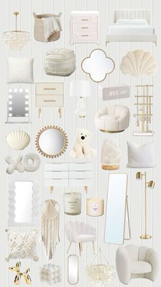 a collage of white furniture and accessories on a wallpapered background with gold accents