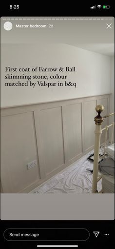 Beige Paneling Bedroom, Panelled Half Walls Bedroom, Paneling Painting Ideas, Half Wall Paneling Color Ideas, Dado Rail Paint Ideas, Skimming Stone Panelling, Hallway Ideas Dado Rail, Dulux Panelling Colours, Living Room Half Paneling Walls