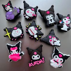 Enhance Your Crocs Or Other Clog Type Sandals With A Touch Of Rebellious Cuteness! This Set Of 10 Kuromi Sanrio Jibbitz Style Charms Is Perfect For Adding A Dash Of Style And Personality To Your Favorite Footwear. Whether You're A Fan Of Kuromi Or Simply Love All Things Sanrio, These Jibbitz Are A Must-Have Accessory. Each Charm Features Vivid Colors But Mostly Goth Or Emo Black And Intricate Detailing That Brings Kuromi To Life. These Are Easy To Use, You Simply Push Them Into The Holes Of Your Kiromi Shoes, Matching Crocs With Charms, Sanrio Jibbitz, Kuromi Sanrio, Black Crocs, Shower Slippers, Crocs Fashion, Spa Slippers, Crocs Clog