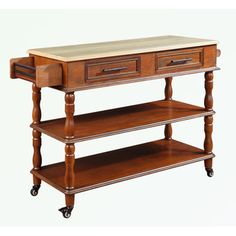 a wooden table with two drawers and wheels on the bottom shelf is shown in front of a white background