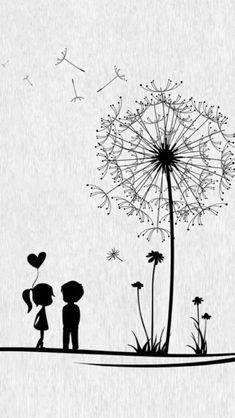 a couple standing next to each other near a dandelion