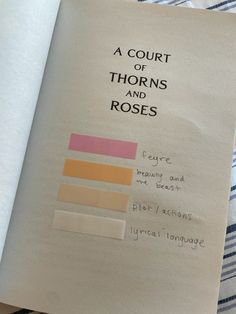 an open book with some writing on it's cover and the words, a court of thorns and roses