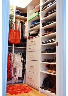 an organized closet with shoes and handbags