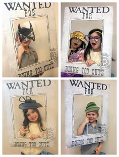 four different pictures of children wearing hats and posing in front of a wanted for poster