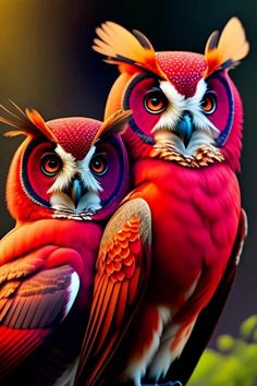 two colorful owls sitting on top of each other