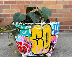 a potted plant with graffiti painted on it