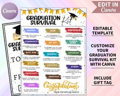 graduation survival guide for students with editibles and gift tags on the front page