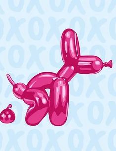 an image of a pink balloon dog floating in the air next to a bubble man