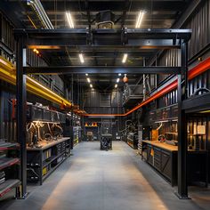 Explore this expansive workshop room featuring industrial-style design with steel beams and metal structures. Bright orange neon and LED lighting accentuate the gray panel walls and black steel frame, highlighting the spacious area filled with workbenches, shelves, and modern equipment. The open work area, complete with a variety of tools and storage solutions, showcases a blend of functionality and style, ideal for mechanical and vehicle repair activities. Modern Mechanic Shop, Mechanic Shop Interior Design, Steel Panels Interior, Industrial Design Student Aesthetic, Modern Workshop Design, Mechanical Workshop Design, Industrial Workshop Design, Container Shop Ideas, Welding Shop Layout