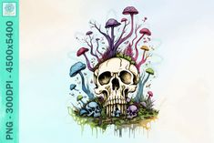 a skull with mushrooms and plants on it's head is in the middle of an image