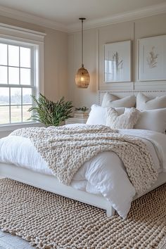 a bed with white linens and pillows in a bedroom next to a large window