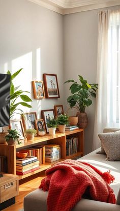 a living room filled with lots of furniture and plants on top of a wooden shelf