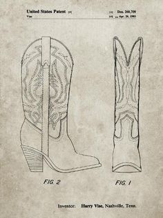 an old book with drawings of cowboy boots on the front and back side, in black ink