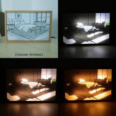 four different images of the same room with light coming in from windows and sunlight streaming through them