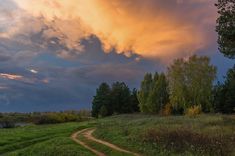 a dirt road in the middle of a grassy field under a cloudy sky at sunset