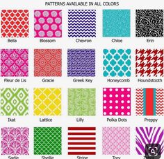 the different patterns available in all colors are shown on this page, which includes an image of