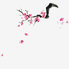 a bird sitting on a tree branch with pink flowers in the foreground and a white sky behind it