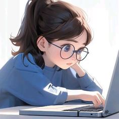 a girl with glasses is using a laptop