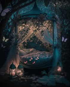 a canopy bed in the middle of a forest with butterflies flying around it and lanterns lit up