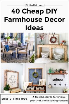 a collage of photos with the words 40 cheap diy farmhouse decor ideas