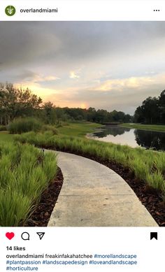 an image of a path leading to the water at sunset or dawn with clouds in the sky