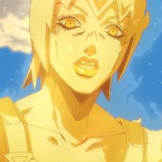 an anime character with blonde hair and yellow eyes looking at the camera while staring into the distance