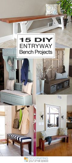 a collage of photos with the words 15 diy entryway bench projects