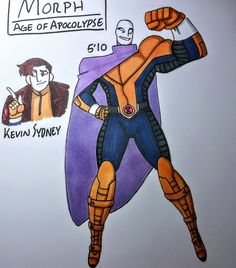 a drawing of a man in an orange and blue suit with his fist raised, next to a sign that reads morph age of arrolysse 5110