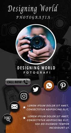 a flyer for a photographer's business with the words designing world in black and orange