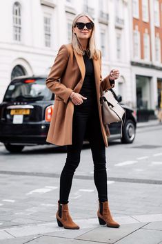 how to look elegant with a camel coat Ankle Boots Outfit Fall, Fall Boots Outfit, Booties Outfit, Woman In Black, Amy Jackson, Fashion Jackson