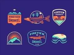 six logos for pineview snorkel club, including two fish and one snowboard