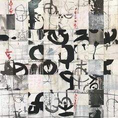 an abstract painting with black and white letters