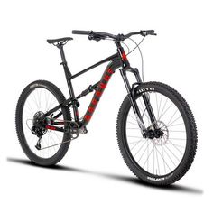 a black and red mountain bike on a white background with the words trek written in red