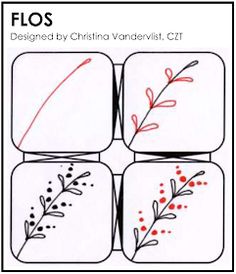 four square coasters with flowers and leaves drawn in red ink on white paper,