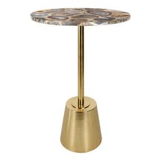 a round table with a gold base and marble top, sitting on a white background