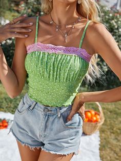 Trendy Green Cami Crop Top, Green Lace Trim Tops For The Beach, Green Floral Print Summer Crop Top, Green Ruffled Cami Top, Bohemian Green Cami Tank Top, Girly Tops, Floral Cami, Cat Cafe