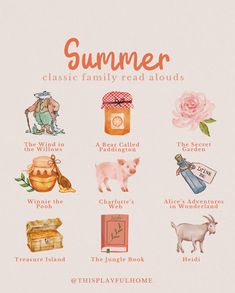 an illustrated poster with the words summer and various things to see on it's page