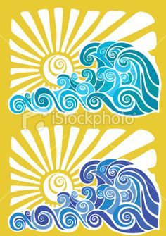 the sun and waves on a yellow background stock photo, clip art, watercolor painting,