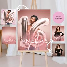 an easel with three photos of the same woman in pink and white, on it