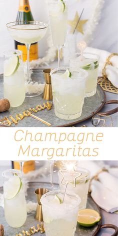 champagne margaritas are served on a tray with gold trimming and garnishes